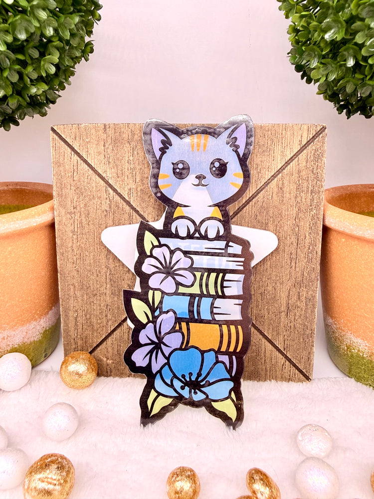 Bookmark: Transparent Curious Reader Cat with Flowers