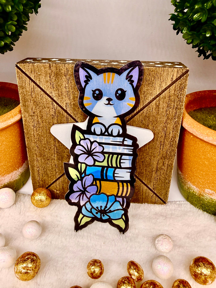 Bookmark: Transparent Curious Reader Cat with Flowers