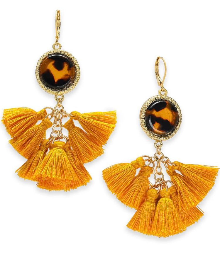 INC Gold-tone tortoise look multi-tassel drop earrings