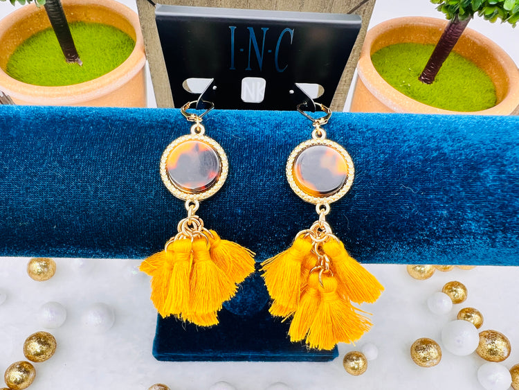 INC Gold-tone tortoise look multi-tassel drop earrings