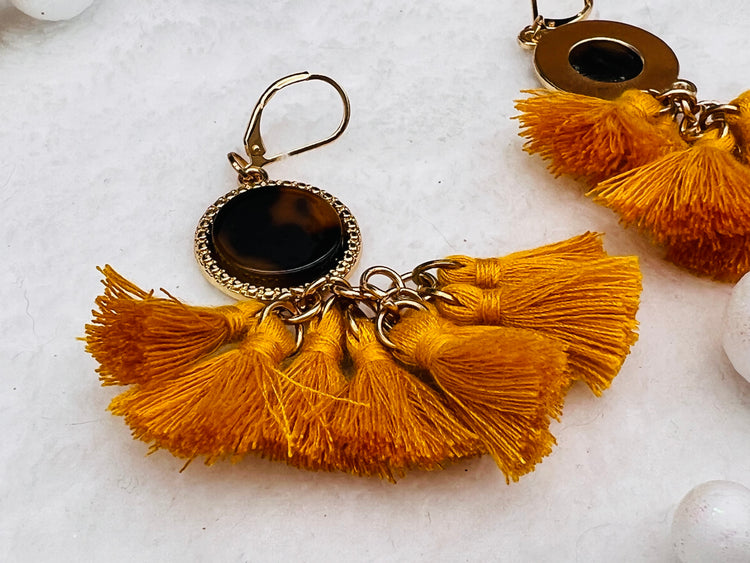 INC Gold-tone tortoise look multi-tassel drop earrings