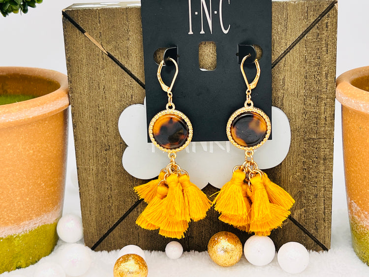 INC Gold-tone tortoise look multi-tassel drop earrings