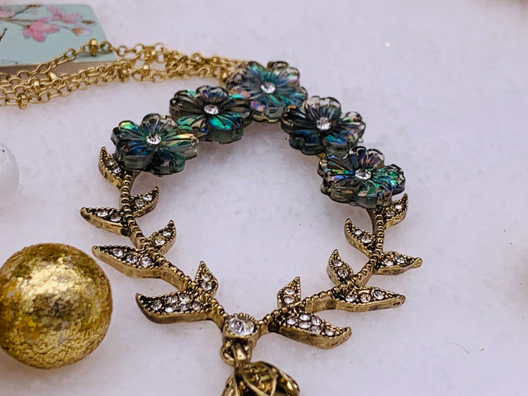 Flower Stone Pendant 34” Long Necklace