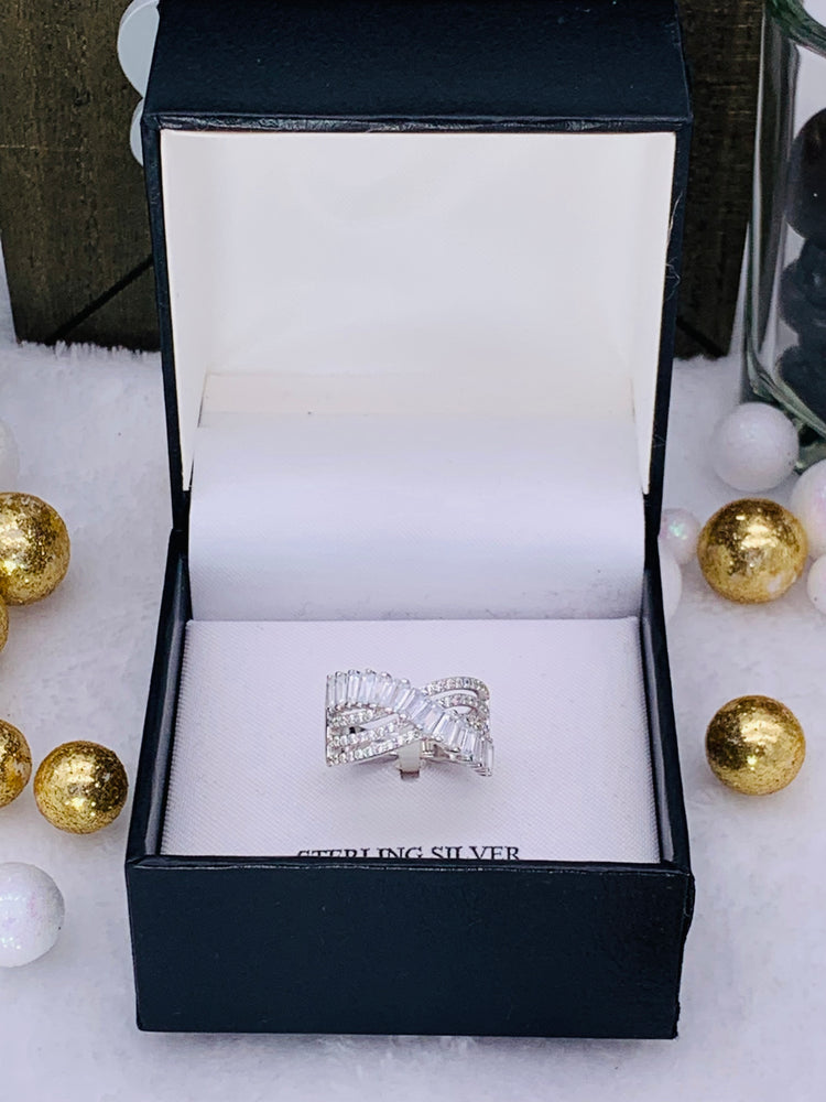 Cubic Zirconia Triple Row Baguette & Pave Crossover Ring