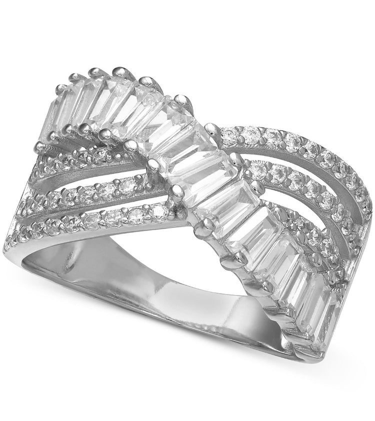 Cubic Zirconia Triple Row Baguette & Pave Crossover Ring
