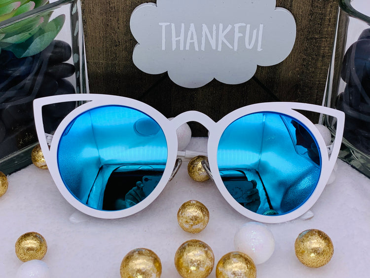 Cat Eye Sunglasses: White Frame And Blue Lenses