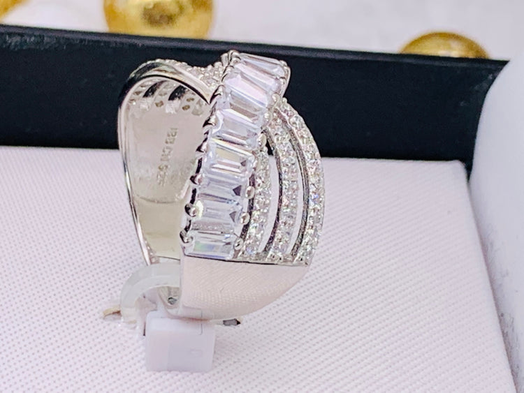 Cubic Zirconia Triple Row Baguette & Pave Crossover Ring