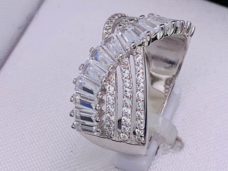 Cubic Zirconia Triple Row Baguette & Pave Crossover Ring