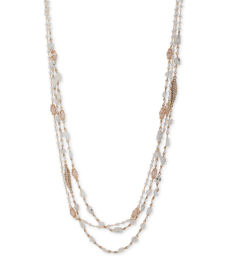 Gold-tone Crystal & Imitation Pearl Beaded 30” Multi-row Necklace