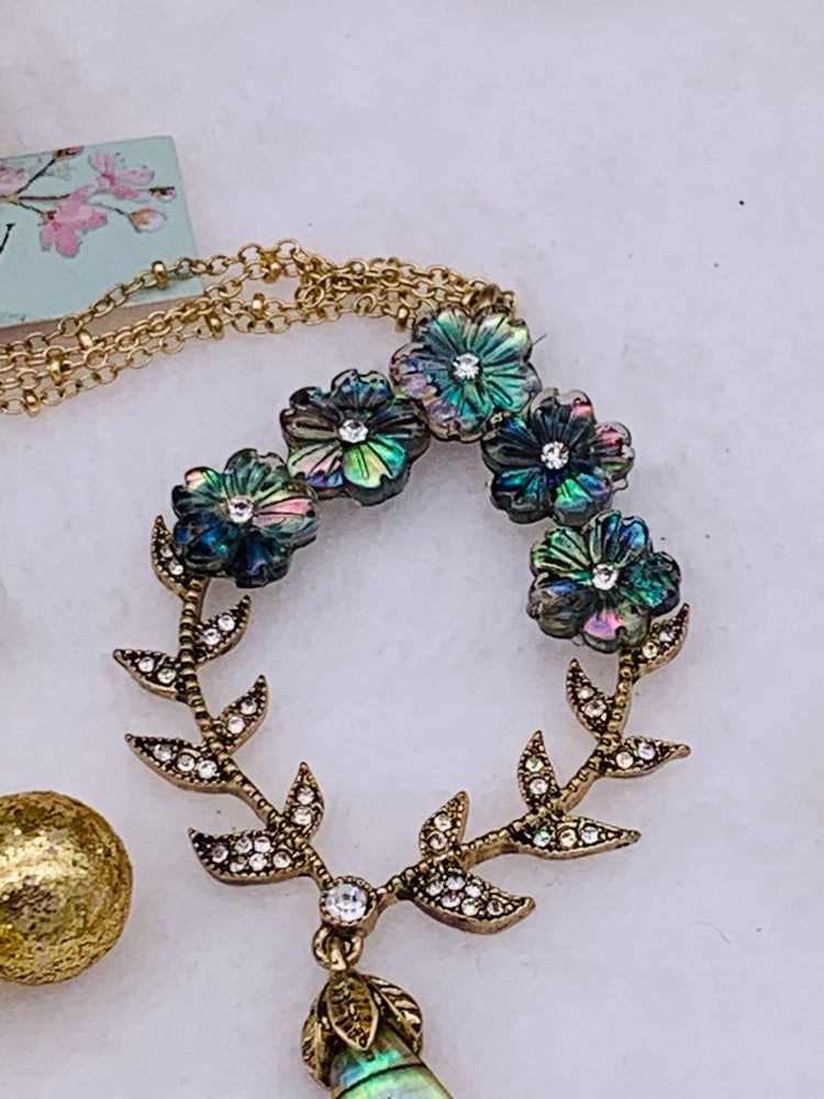Flower Stone Pendant 34” Long Necklace