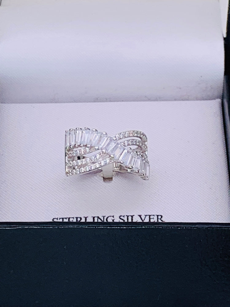Cubic Zirconia Triple Row Baguette & Pave Crossover Ring