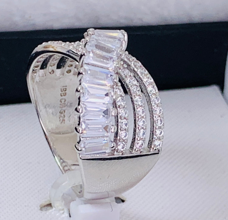 Cubic Zirconia Triple Row Baguette & Pave Crossover Ring