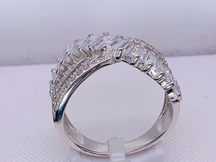Cubic Zirconia Triple Row Baguette & Pave Crossover Ring