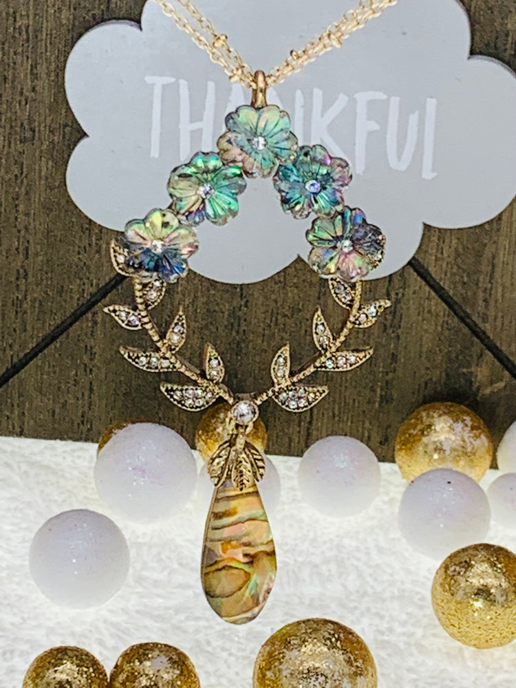 Flower Stone Pendant 34” Long Necklace