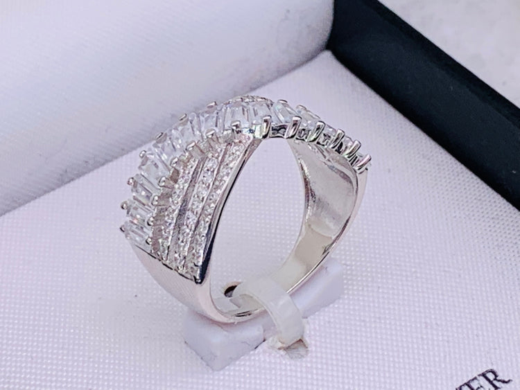 Cubic Zirconia Triple Row Baguette & Pave Crossover Ring