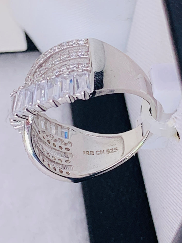 Cubic Zirconia Triple Row Baguette & Pave Crossover Ring