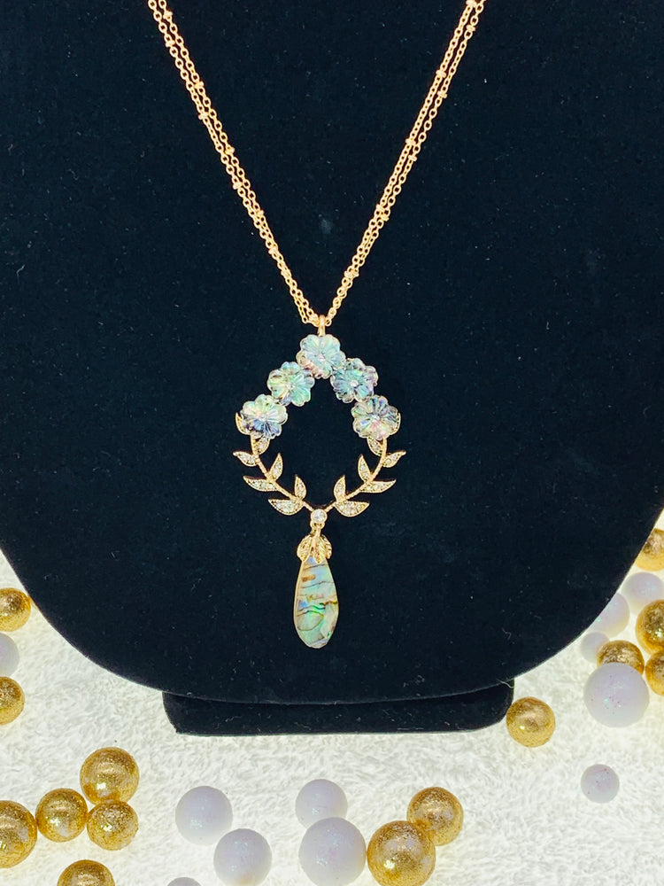 Flower Stone Pendant 34” Long Necklace