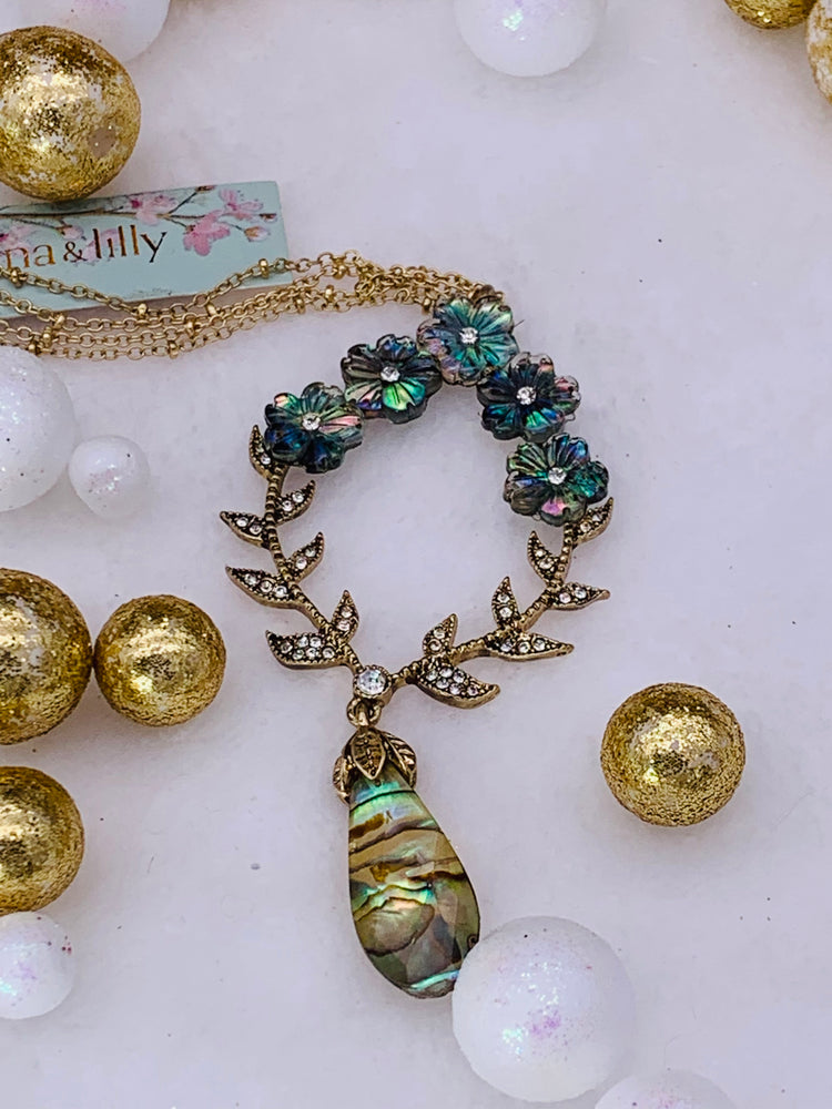 Flower Stone Pendant 34” Long Necklace