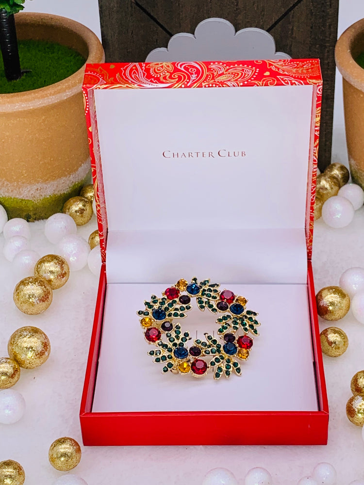 Holiday Christmas Wreath, Multicolore Crystal Pin