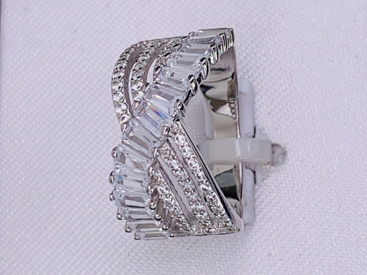 Cubic Zirconia Triple Row Baguette & Pave Crossover Ring