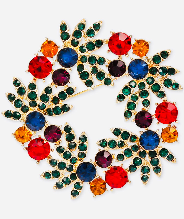 Holiday Christmas Wreath, Multicolore Crystal Pin