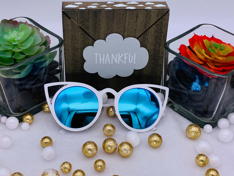 Cat Eye Sunglasses: White Frame And Blue Lenses