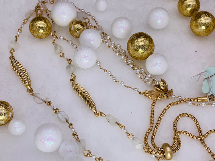 Gold-tone Crystal & Imitation Pearl Beaded 30” Multi-row Necklace