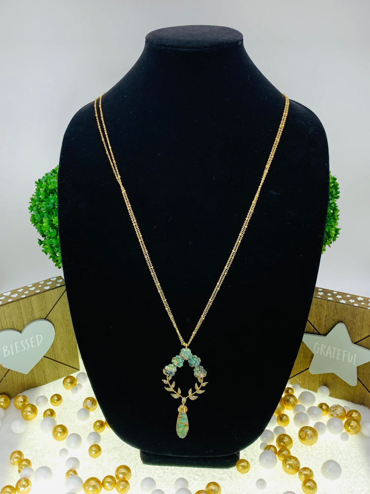 Flower Stone Pendant 34” Long Necklace