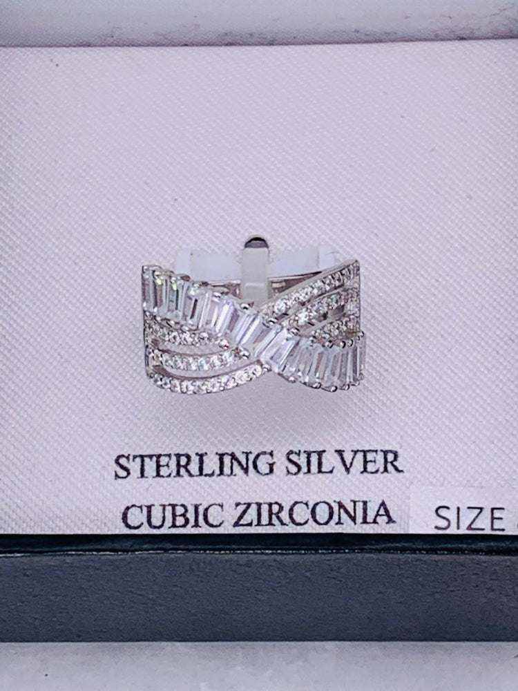 Cubic Zirconia Triple Row Baguette & Pave Crossover Ring