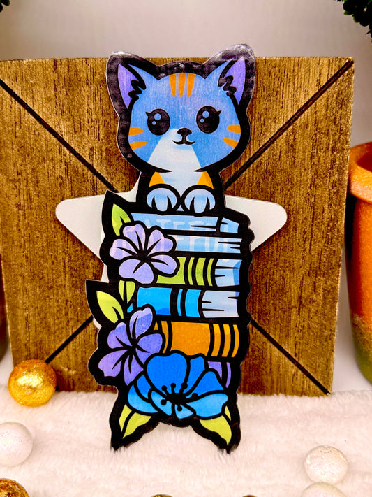 Bookmark: Transparent Curious Reader Cat with Flowers