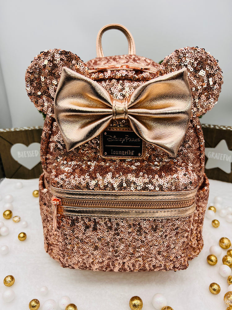 Disney Parks Minnie Mouse Sequined Rose Gold Mini Mochila - Loungefly