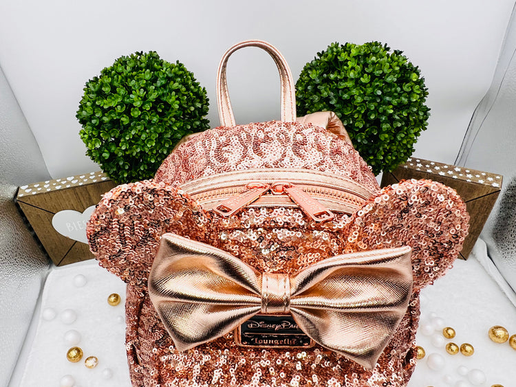 Disney Parks Minnie Mouse Sequined Rose Gold Mini Backpack- Loungefly