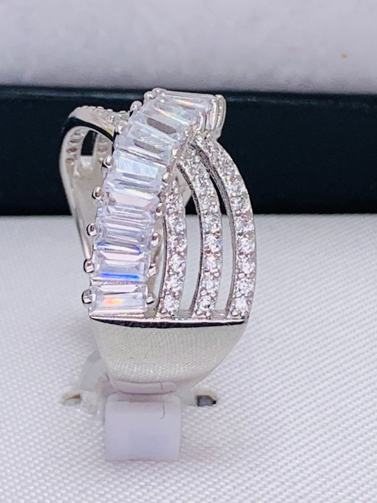 Cubic Zirconia Triple Row Baguette & Pave Crossover Ring