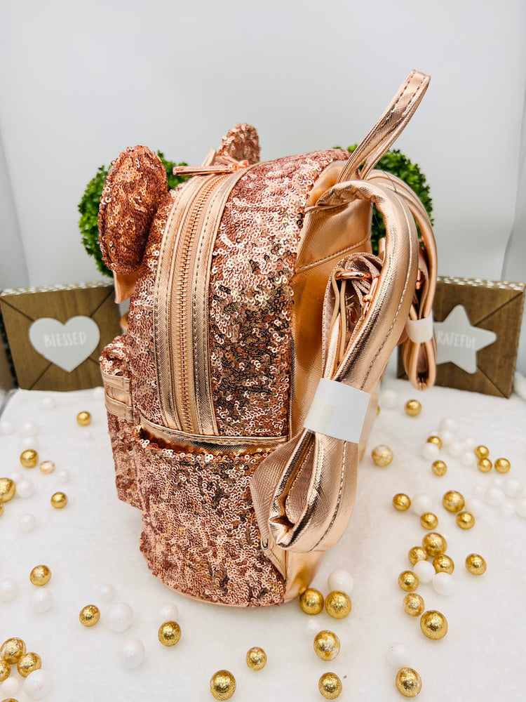 Disney Parks Minnie Mouse Sequined Rose Gold Mini Mochila - Loungefly