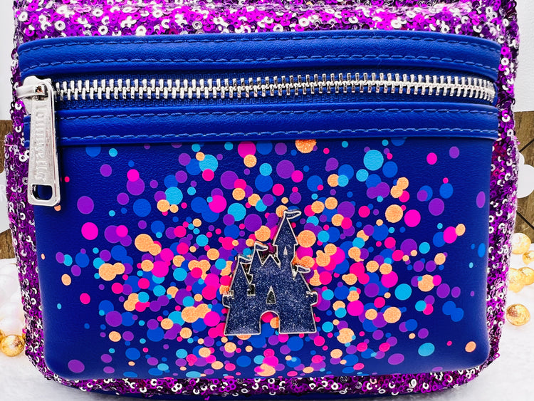 Loungefly Disney Parks Fantasyland Purple & Silver Sparkle Sequin Mini Backpack