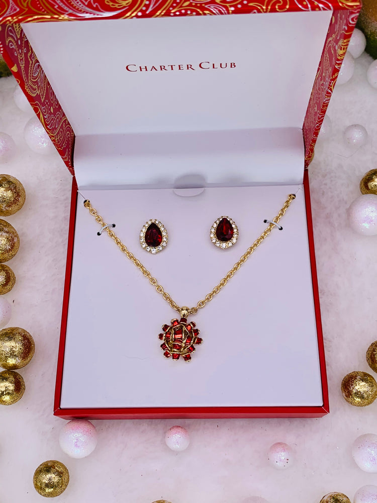 Charter Club Gift Bow Pendant Necklace & Crystals Earring Set