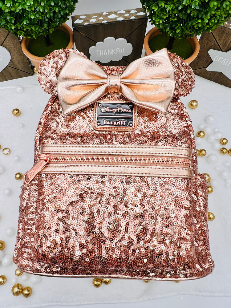 Disney Parks Minnie Mouse Sequined Rose Gold Mini Mochila - Loungefly