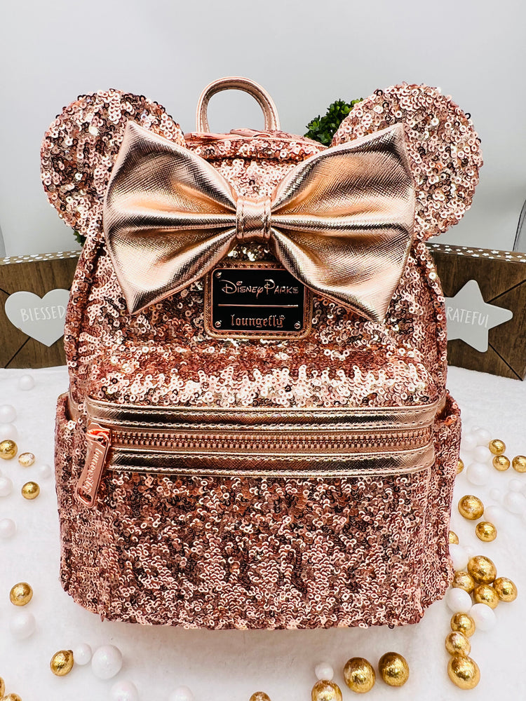 Disney Parks Minnie Mouse Sequined Rose Gold Mini Mochila - Loungefly