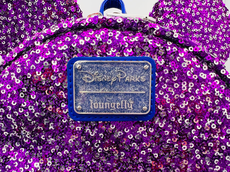 Loungefly Disney Parks Fantasyland Purple & Silver Sparkle Sequin Mini Backpack