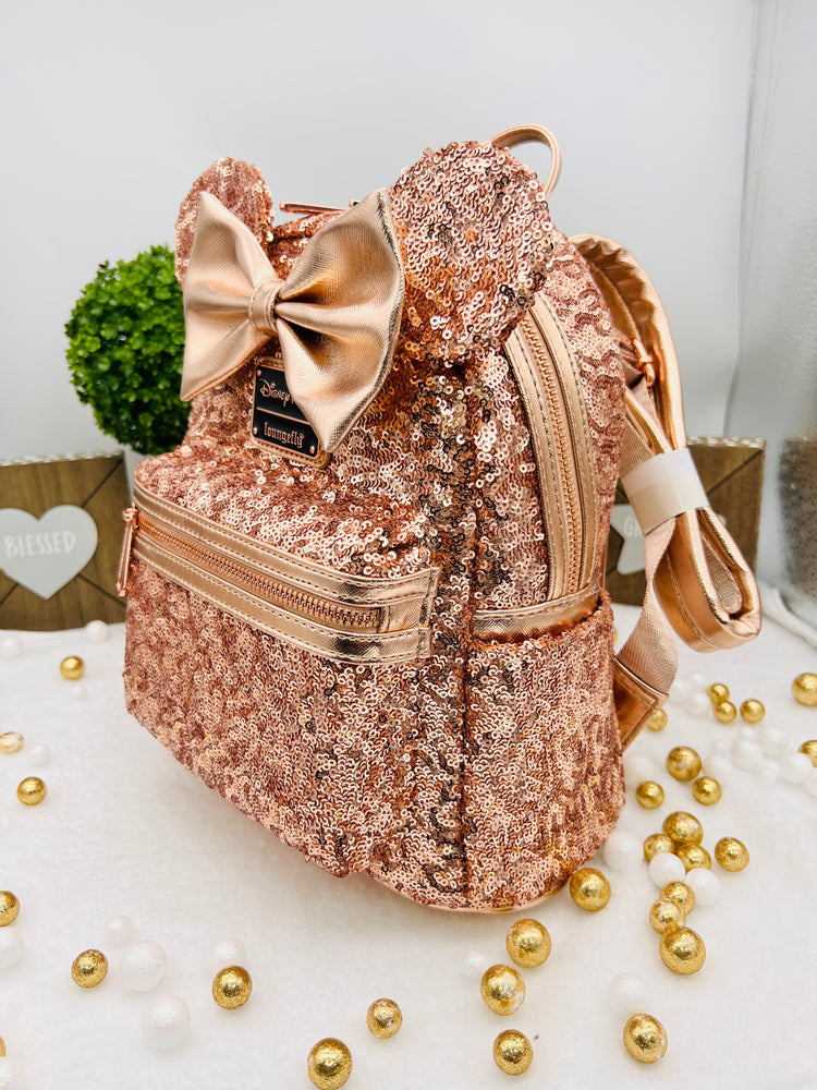 Disney Parks Minnie Mouse Sequined Rose Gold Mini Mochila - Loungefly