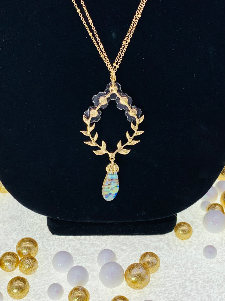 Flower Stone Pendant 34” Long Necklace