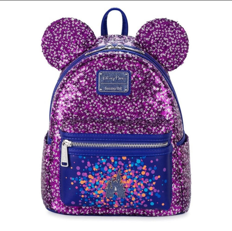 Loungefly Disney Parks Fantasyland Purple & Silver Sparkle Sequin Mini Backpack