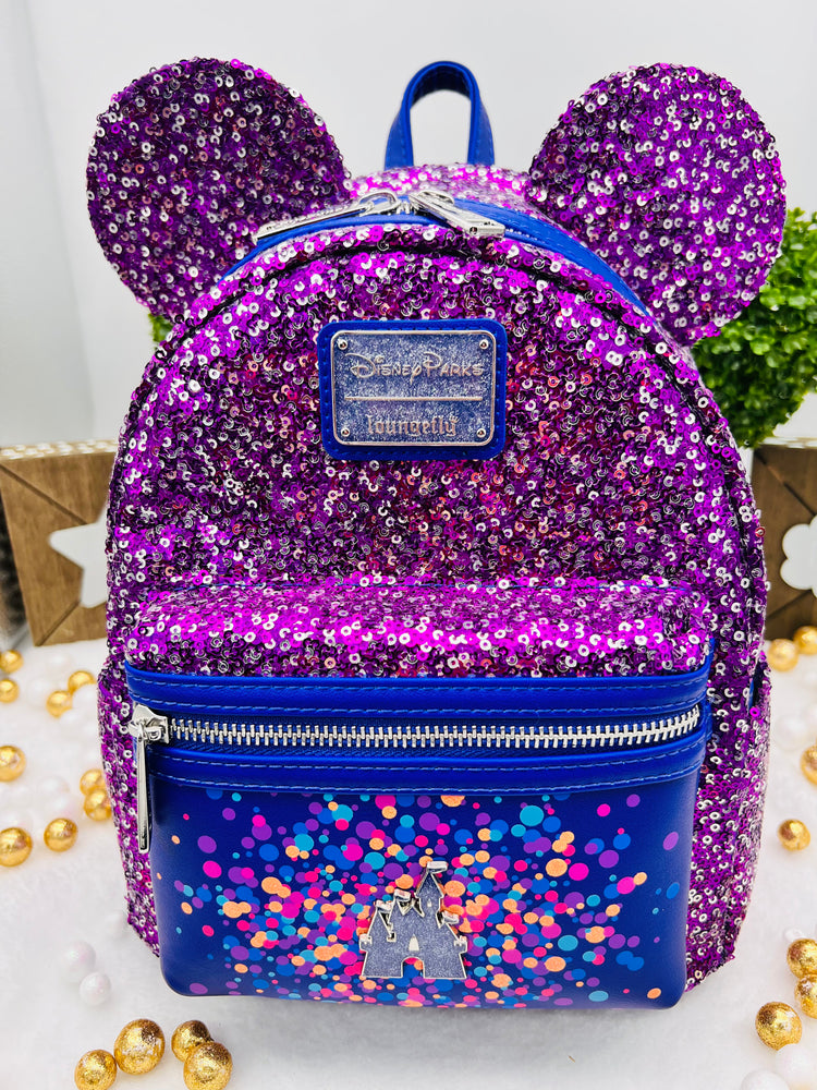 Loungefly Disney Parks Fantasyland Purple & Silver Sparkle Sequin Mini Backpack